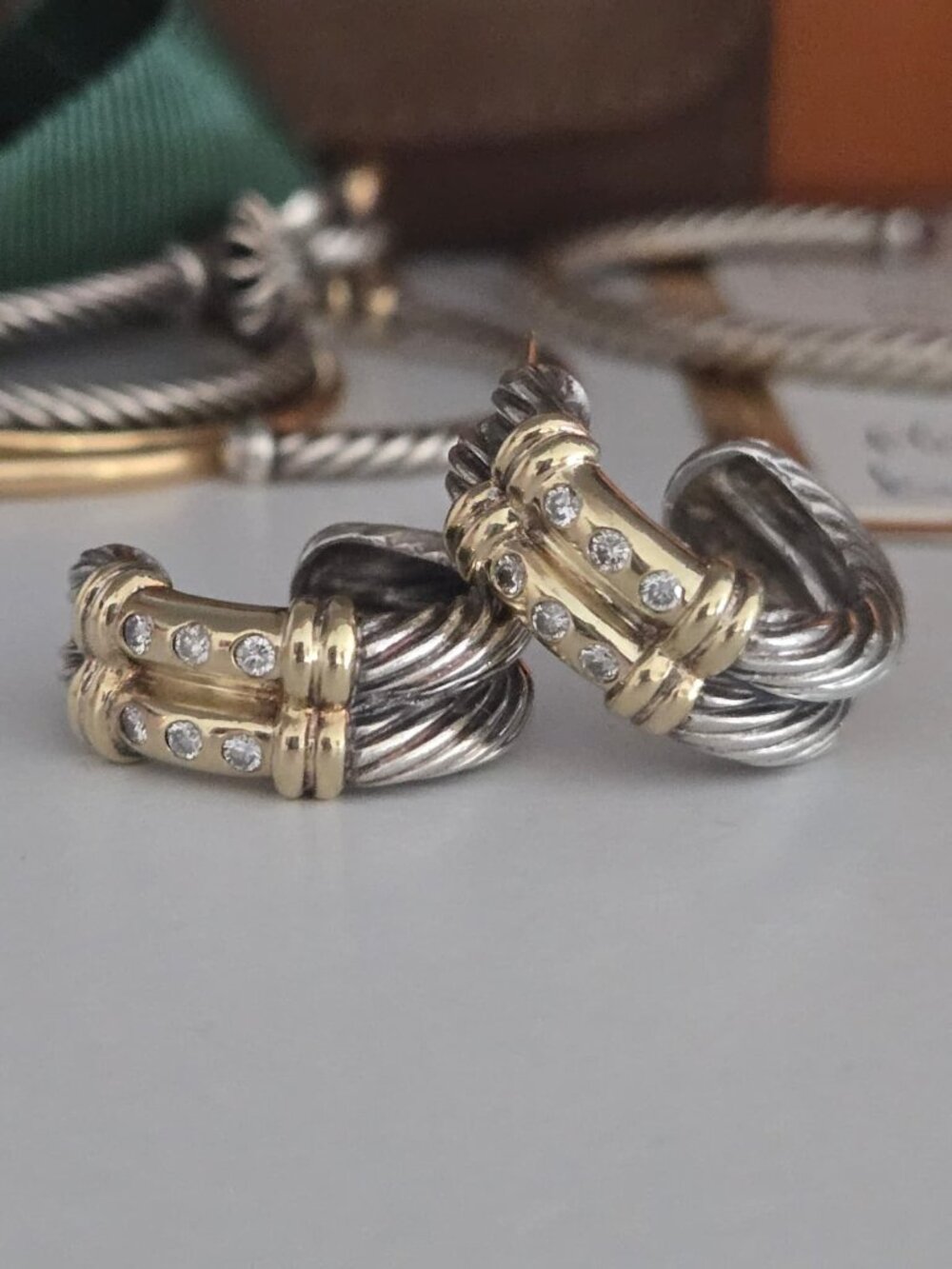 David Yurman 14K Gold Sterling Double Cable Diamond Hoop Earri